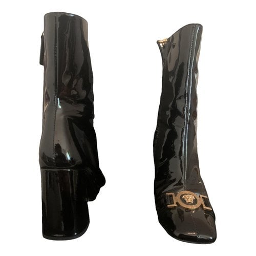 Pre-owned Versace Patent Leather Cowboy Boots In Black