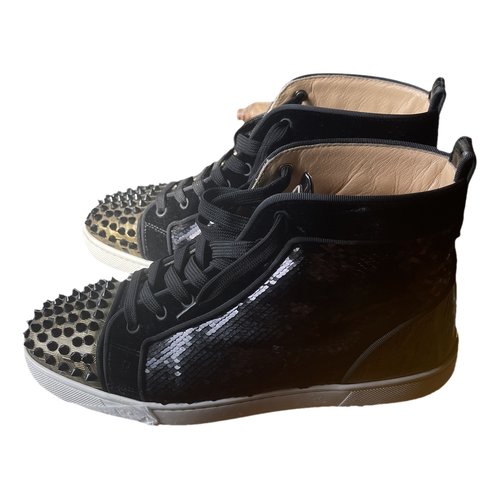 Pre-owned Christian Louboutin Lou Spikes Glitter Trainers In Black