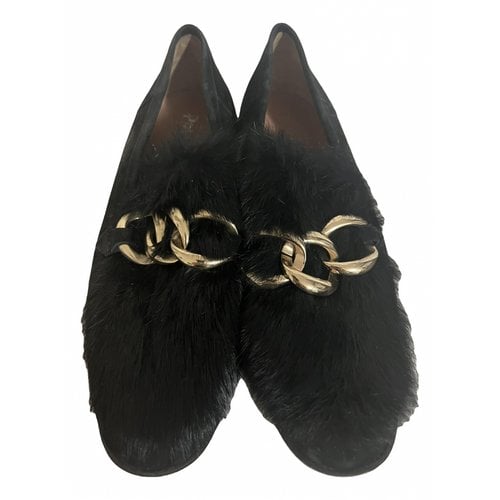 Pre-owned Pollini Faux Fur Heels In Black