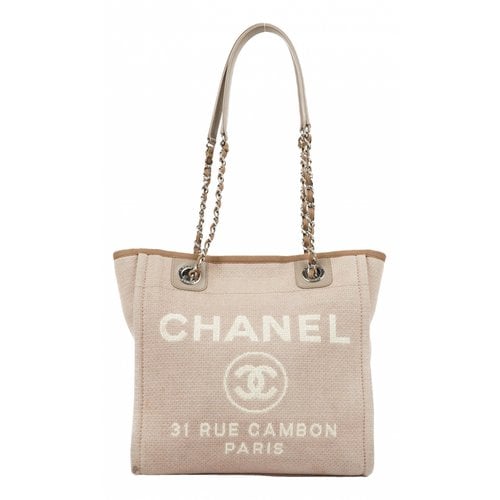 Pre-owned Chanel Deauville Chain Cloth Handbag In Beige