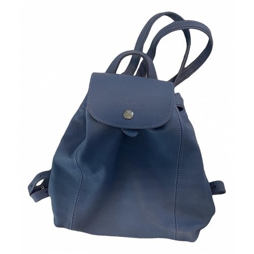 Pre-owned Longchamp Pliage Leather Backpack In Navy