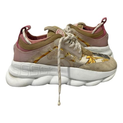 Pre-owned Versace Chain Reaction Leather Trainers In Beige