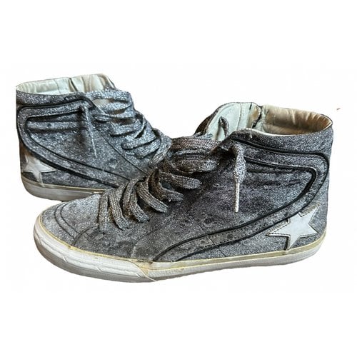 Pre-owned Golden Goose Slide Glitter Trainers In Silver