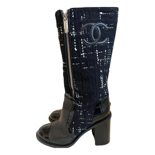 Pre-owned Chanel Tweed Boots In Blue