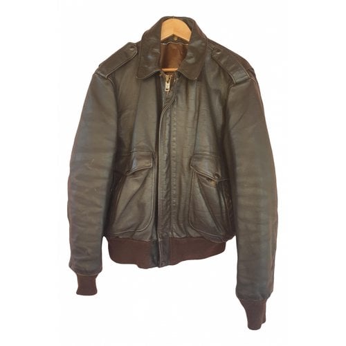 Pre-owned Schott Leather Peacoat In Brown