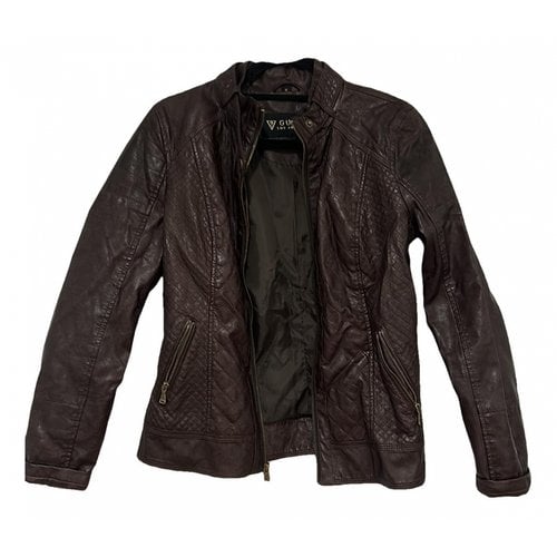 Pre-owned Guess Leather Biker Jacket In Brown