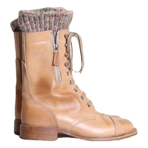 Pre-owned Chanel Leather Lace Up Boots In Camel