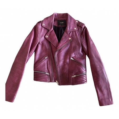 Pre-owned Maje Leather Jacket In Burgundy