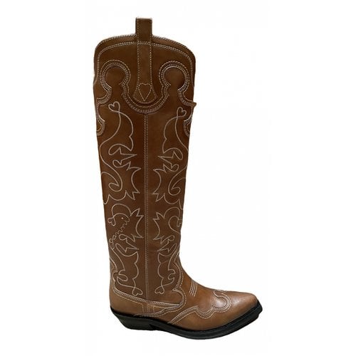Pre-owned Ganni Leather Western Boots In Brown