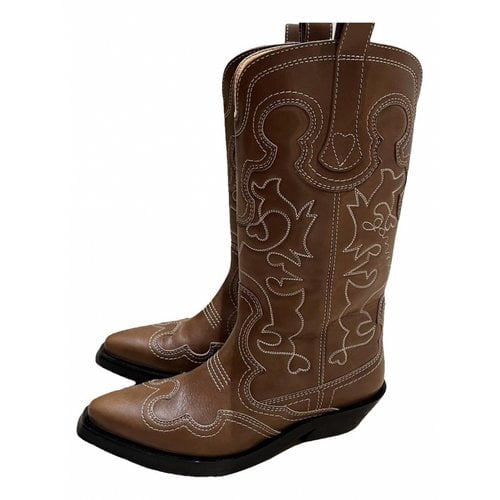 Pre-owned Ganni Leather Riding Boots In Brown