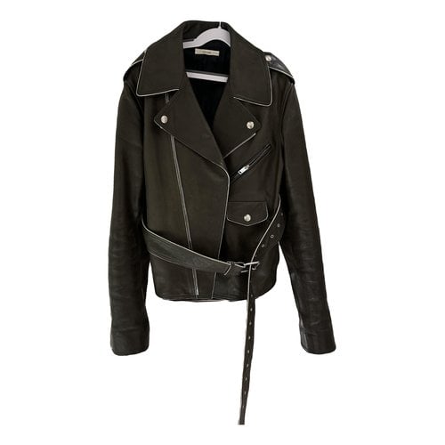 Pre-owned Celine Leather Biker Jacket In Khaki