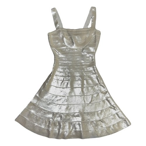 Pre-owned Herve Leger Glitter Mid-length Dress In Ecru