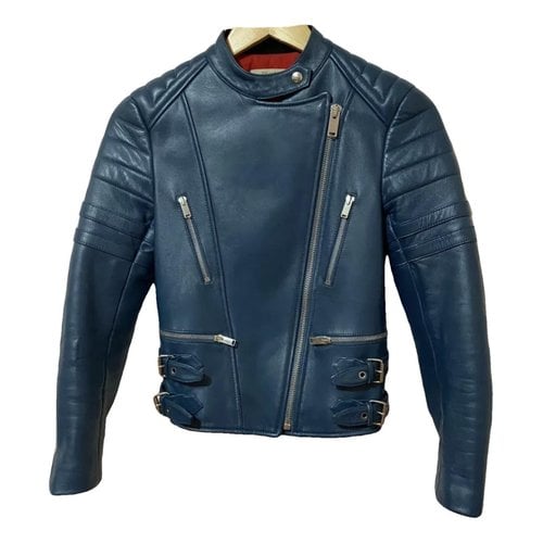 Pre-owned Celine Leather Biker Jacket In Navy