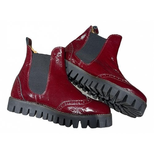 Pre-owned Ganni Patent Leather Ankle Boots In Red