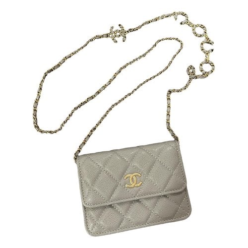 Pre-owned Chanel Leather Card Wallet In Grey