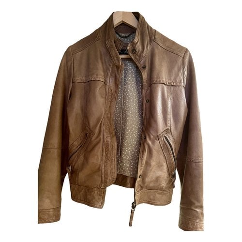 Pre-owned Massimo Dutti Leather Biker Jacket In Camel