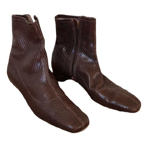 Pre-owned By Far Leather Ankle Boots In Brown