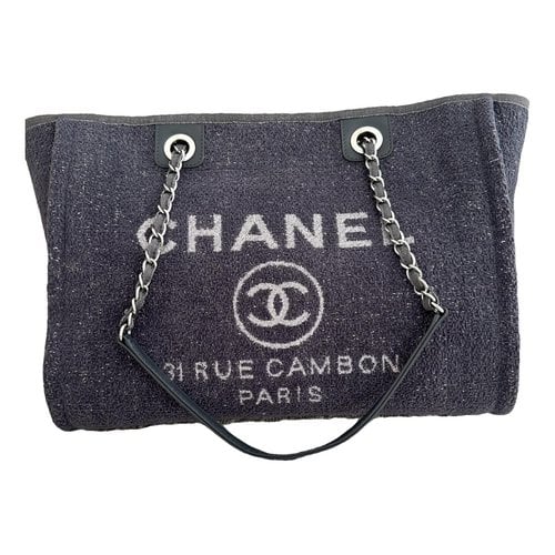 Pre-owned Chanel Deauville Chain Cloth Tote In Navy