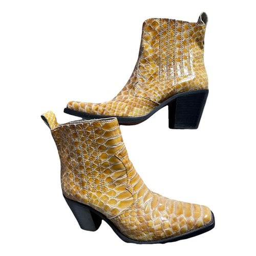 Pre-owned Ganni Leather Lace Up Boots In Yellow