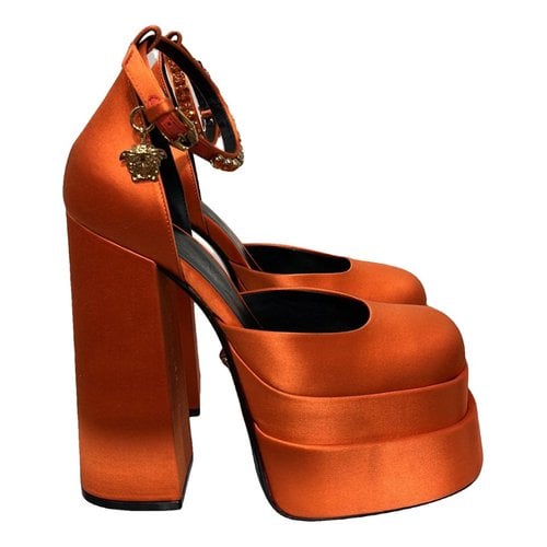 Pre-owned Versace Medusa Aevitas Cloth Heels In Orange