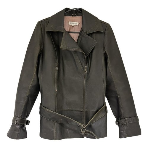 Pre-owned Balmain Leather Biker Jacket In Brown