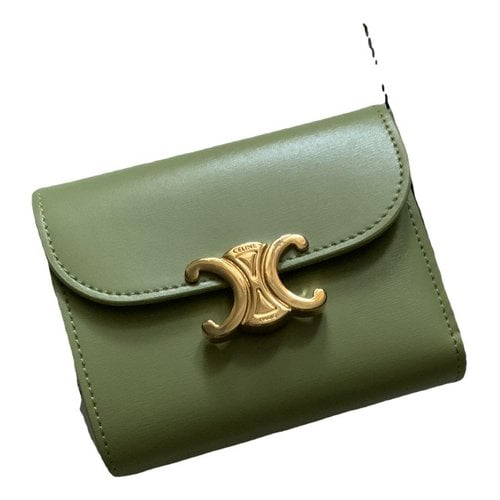 Pre-owned Celine Triomphe Leather Wallet In Green