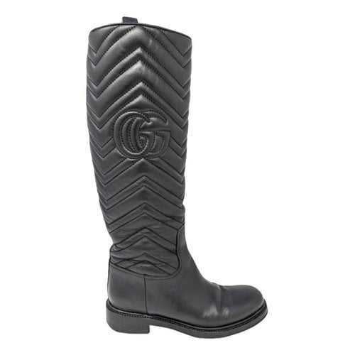 Pre-owned Gucci Marmont Leather Riding Boots In Black