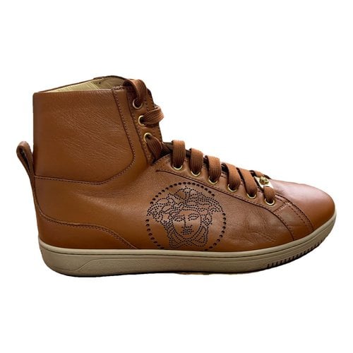 Pre-owned Versace Leather High Trainers In Brown