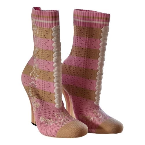 Pre-owned Fendi Cloth Ankle Boots In Pink