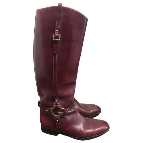 Pre-owned Gucci Leather Riding Boots In Burgundy