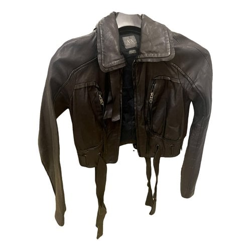 Pre-owned Armani Exchange Leather Biker Jacket In Black