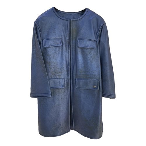 Pre-owned Chanel Leather Trench Coat In Blue