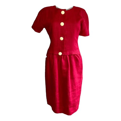 Pre-owned Oscar De La Renta Linen Mid-length Dress In Red
