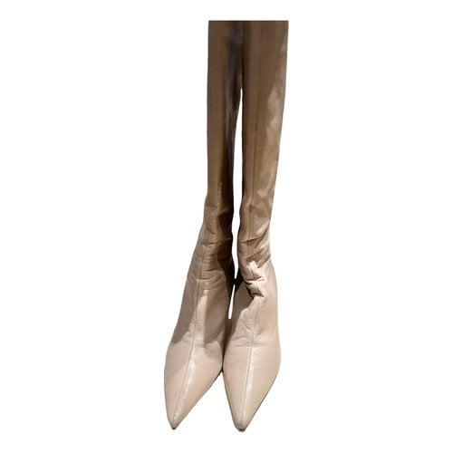 Pre-owned Jimmy Choo Brelan Leather Riding Boots In Beige