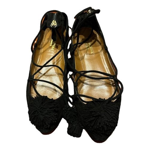 Pre-owned Aquazzura Christy Velvet Ballet Flats In Black