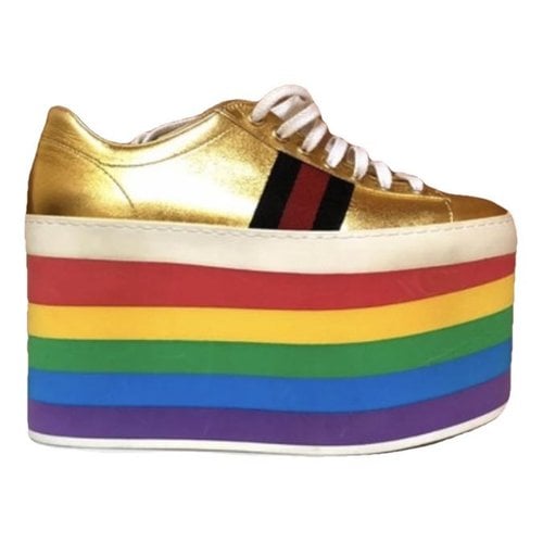 Pre-owned Gucci Peggy Leather Trainers In Gold