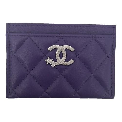 Pre-owned Chanel Leather Card Wallet In Purple