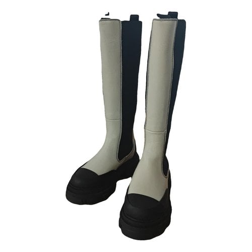 Pre-owned Ganni Leather Riding Boots In White