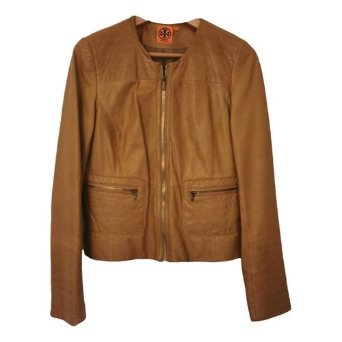 Pre-owned Tory Burch Leather Biker Jacket In Camel
