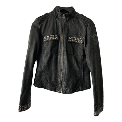Pre-owned Ed Hardy Leather Biker Jacket In Black