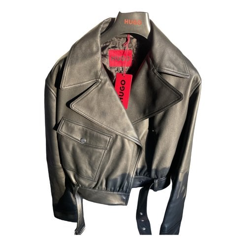 Pre-owned Hugo Boss Leather Biker Jacket In Black