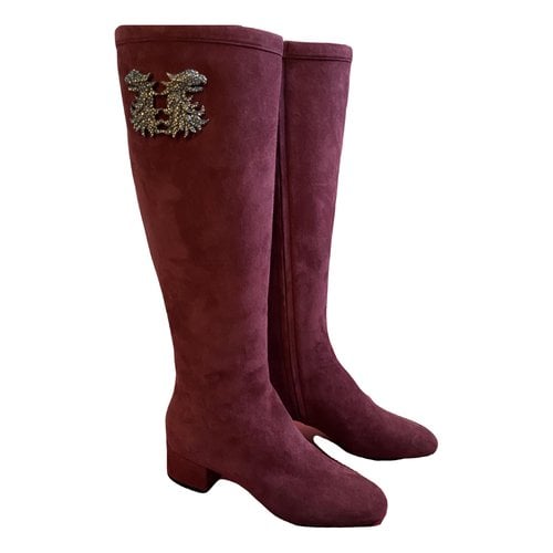 Pre-owned Valentino Garavani Grifoni Riding Boots In Burgundy