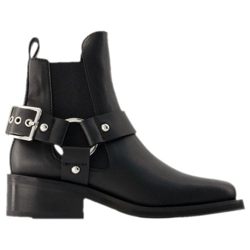 Pre-owned Ganni Leather Ankle Boots In Black