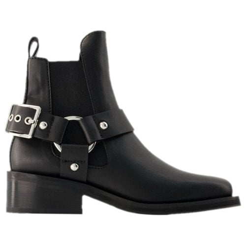 Pre-owned Ganni Leather Ankle Boots In Black