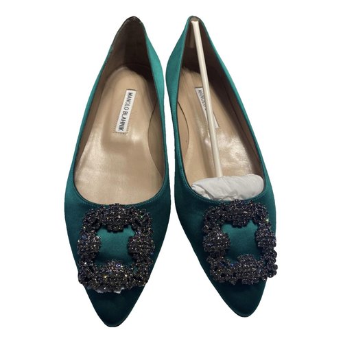 Pre-owned Manolo Blahnik Hangisi Cloth Ballet Flats In Green