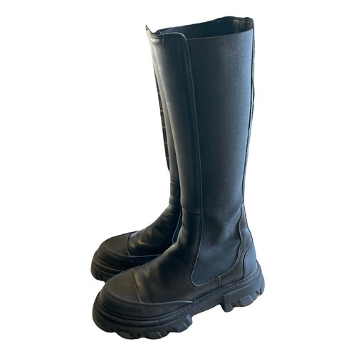 Pre-owned Ganni Leather Riding Boots In Black