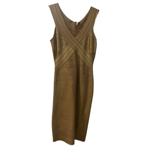 Pre-owned Herve Leger Silk Mid-length Dress In Gold