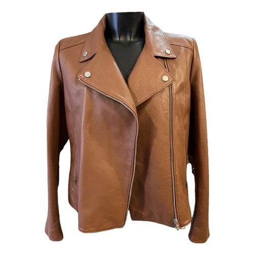 Pre-owned Hugo Boss Leather Biker Jacket In Brown