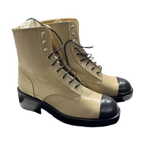 Pre-owned Chanel Leather Biker Boots In Beige