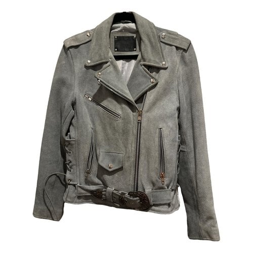 Pre-owned Understated Leather Leather Biker Jacket In Grey